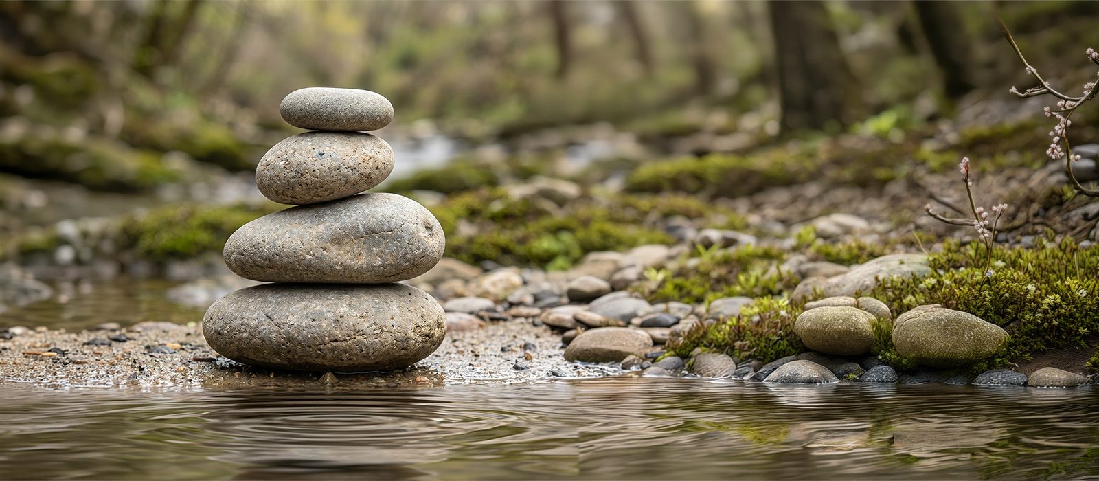 A cairn of balanced river stones beside calm water